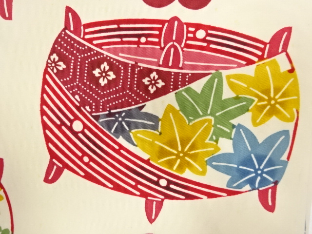 アンティーク　塩瀬　型染　糸巻きに波模様名古屋帯